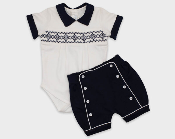BODY CON SHORT SMOCK BLANCO / AZUL MARINO