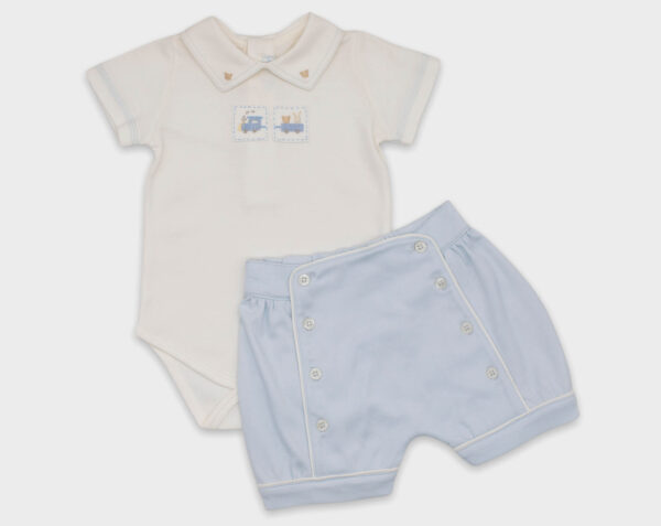 BODY CON SHORT TREN PARCHE - BLANCO / CELESTE