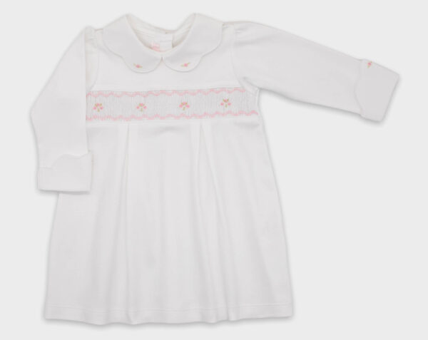 VESTIDO SMOCK CUELLO ONDAS - BLANCO