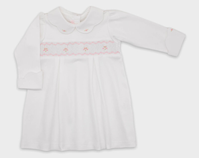 VESTIDO SMOCK CUELLO ONDAS - BLANCO