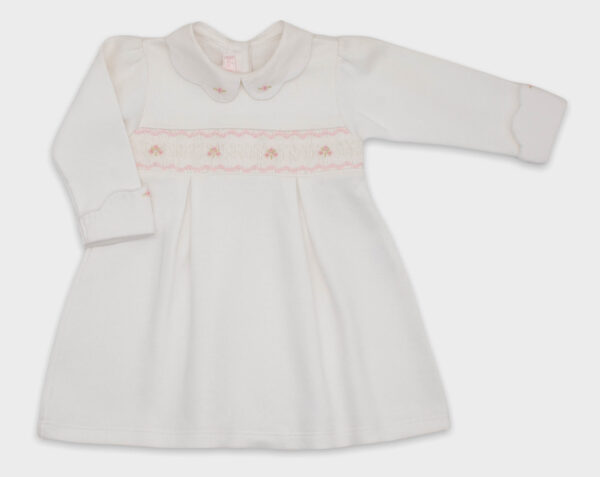 VESTIDO SMOCK CUELLO ONDAS - BLANCO