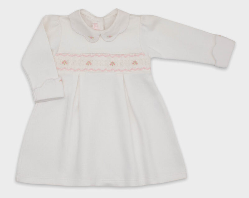 VESTIDO SMOCK CUELLO ONDAS - BLANCO